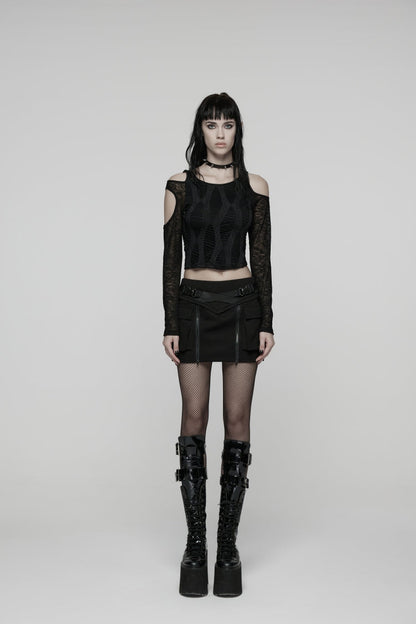 Black Lace-Up Zippered Women's Punk Cool  Big Pockets Techwear Skirt