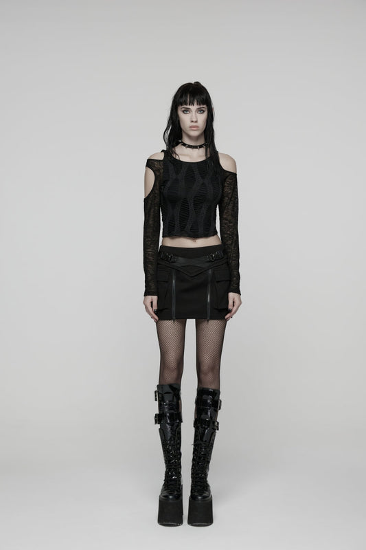 Black Lace-Up Zippered Women's Punk Cool  Big Pockets Techwear Skirt