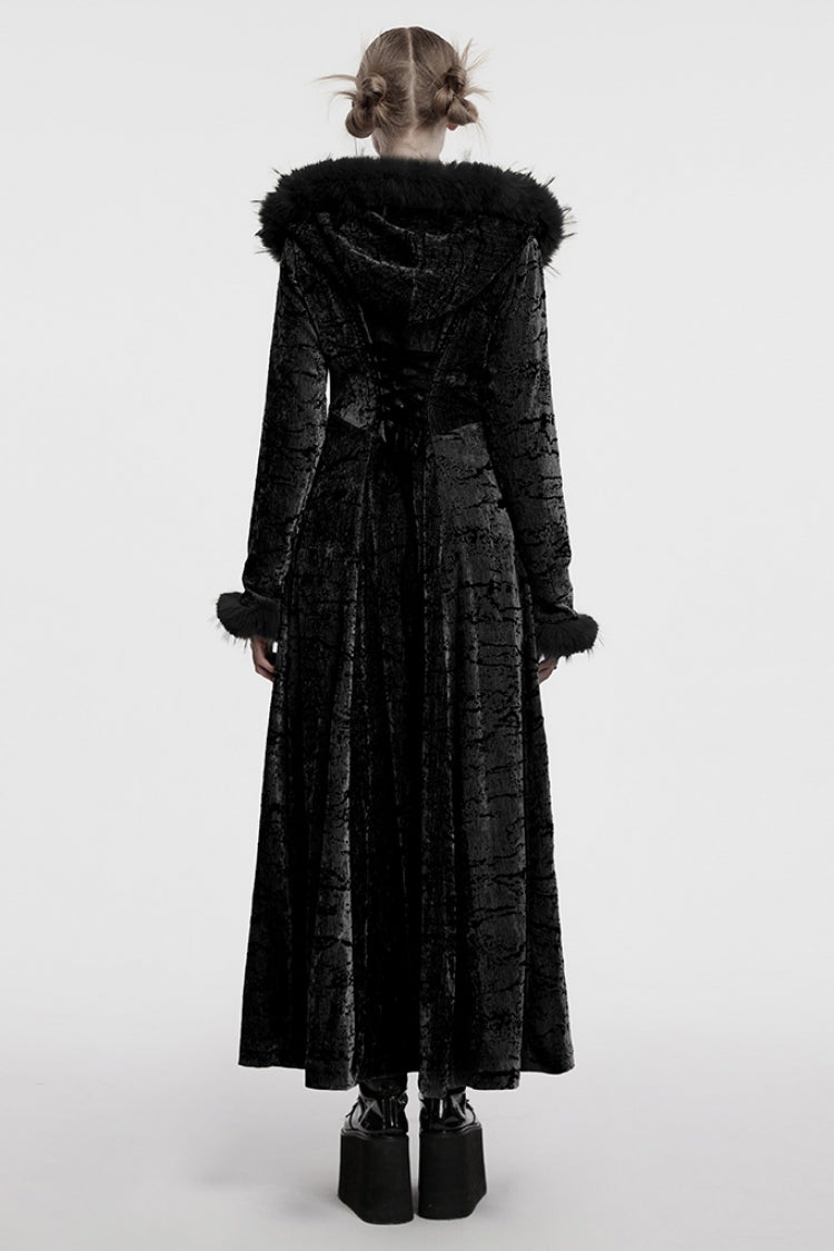 Black Long Sleeves Faux Fur Stitching Lace-Up Hooded Women's Gothic Coat