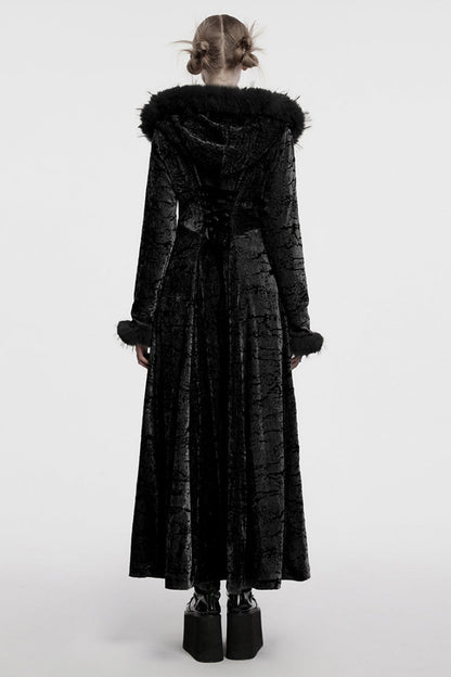 Black Long Sleeves Faux Fur Stitching Lace-Up Hooded Women's Gothic Coat