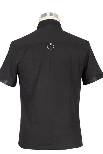 Black Locomotive Lapel Collar Short Sleeves Cotton Mens Punk Blouse