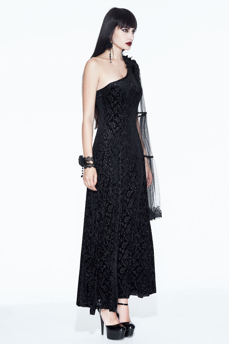 Black One Shoulder Mesh Shawl Feather Lace Decoration Velvet Long Women's Gothic Dress