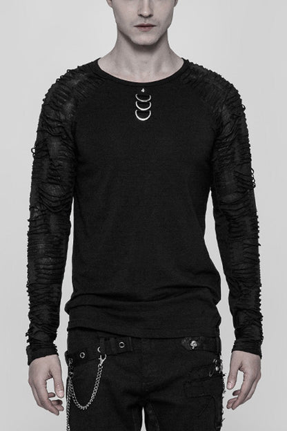 Black Long Sleeves Metal D-Buckle Ripped Men's Steampunk T-Shirt