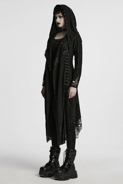 Black Long Sleeves Stitching Hooded Mesh Ripped Women's Gothic Coat