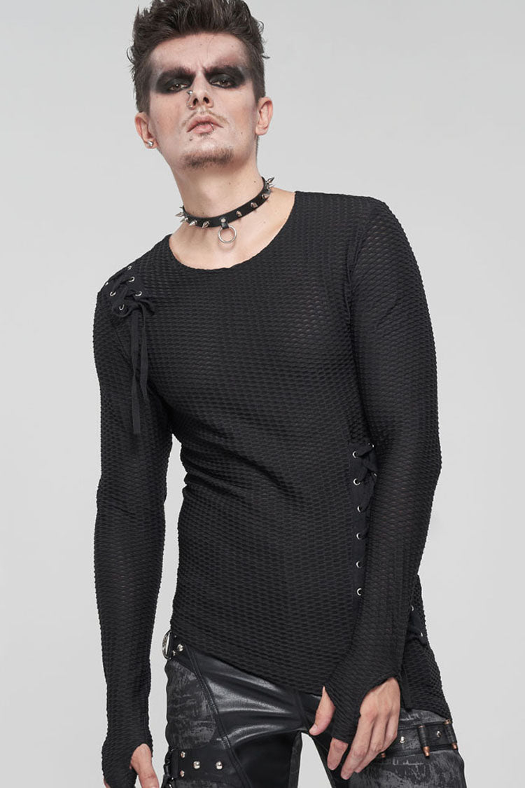 Black Gothic Asymmetry Drawstring Decoration Coarse Net Men's Shirt