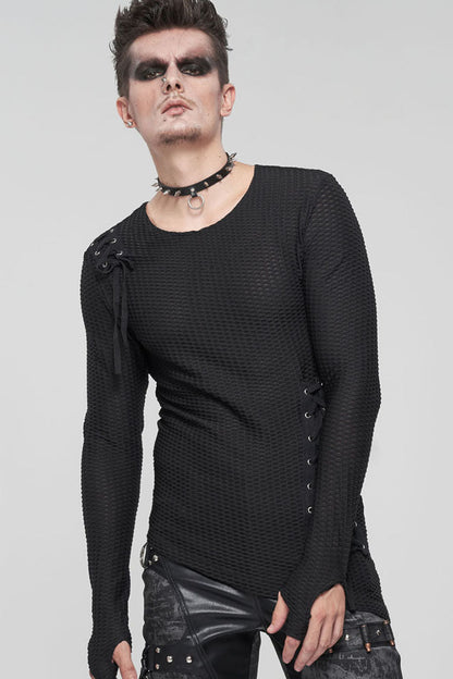 Black Gothic Asymmetry Drawstring Decoration Coarse Net Men's Shirt