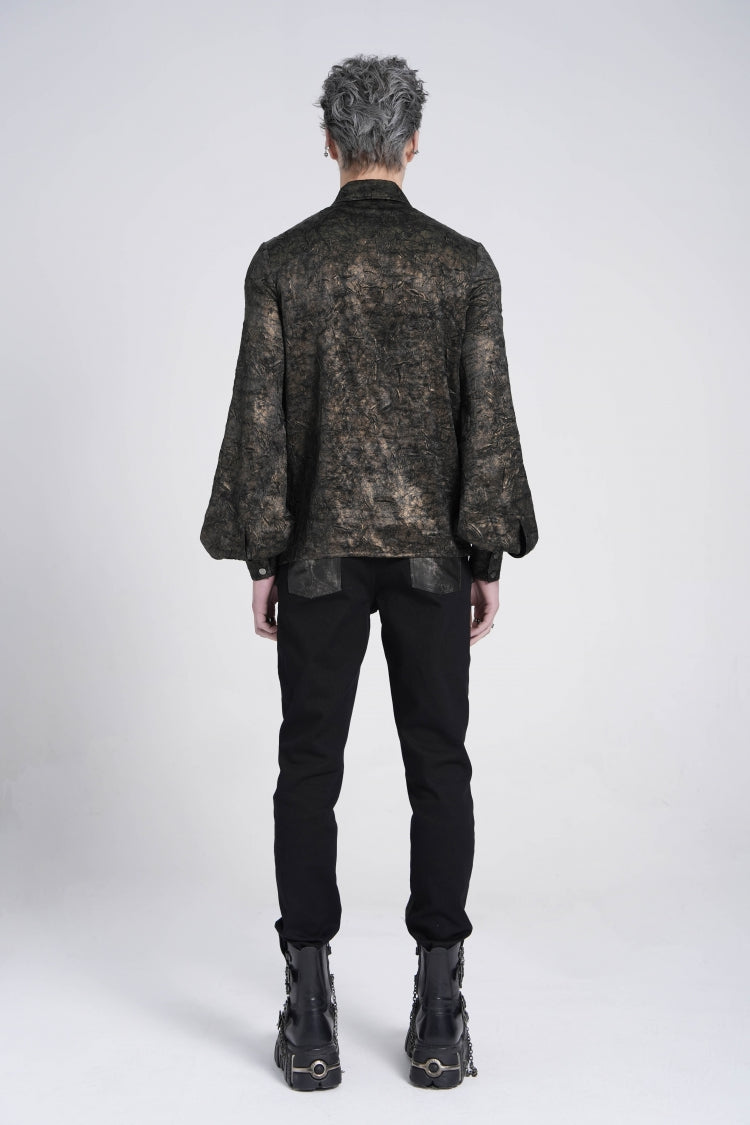 Black Lapel Collar Long Puff Sleeves Faux Leather Stitching Men's Gothic Blouse with Chain