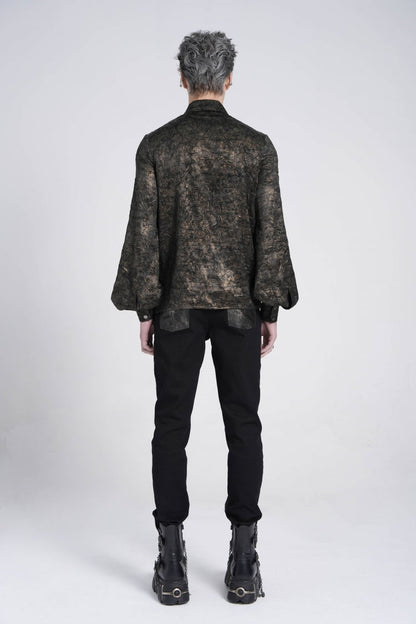 Black Lapel Collar Long Puff Sleeves Faux Leather Stitching Men's Gothic Blouse with Chain