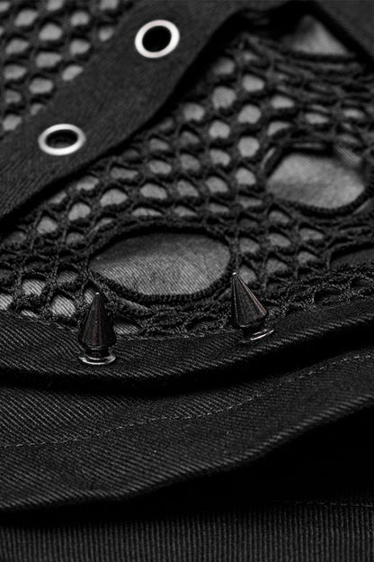 Black Faux Leather Stitching Mesh Buckles Women's Steampunk Shorts