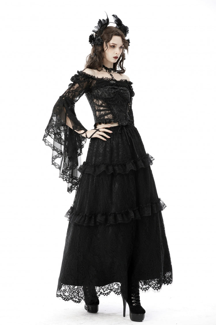 Black Off Shoulder Lace Long Trumpet Sleeves Floral Mesh Women's Gothic Cape