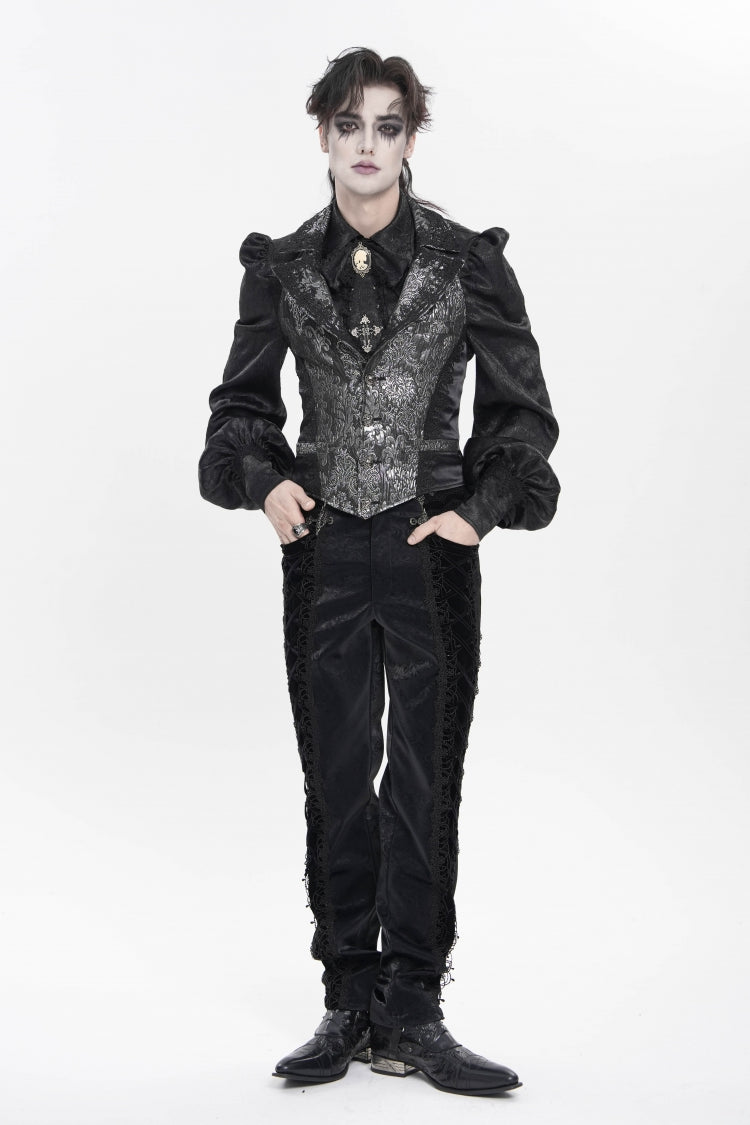 Black Lapel Collar Off Shoulder Halterneck Sleeveless Jacquard Lace Slim Color-Blocked Men's Gothic Palace Vest
