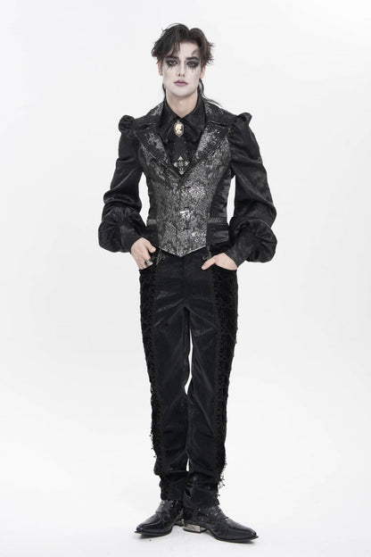 Black Lapel Collar Off Shoulder Halterneck Sleeveless Jacquard Lace Slim Color-Blocked Men's Gothic Palace Vest