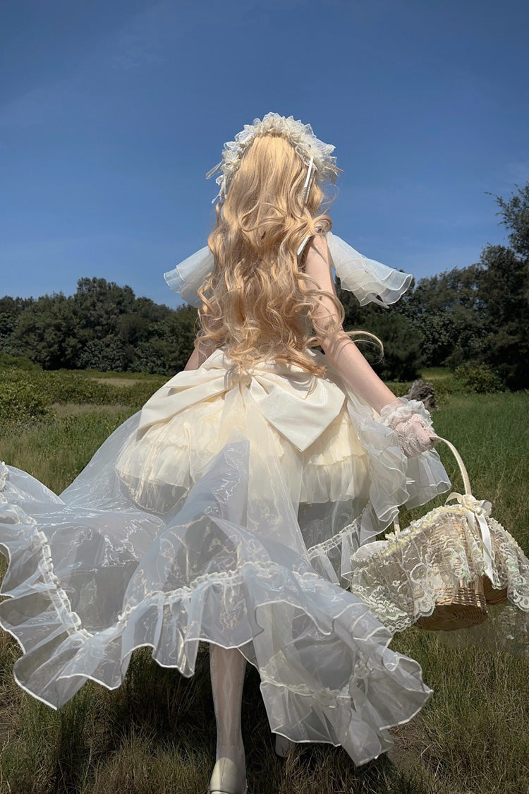 Apricot [Cream Cake] Sleeveless Multi-Layered Ruffle Bowknot Sweet Princess Lolita Jsk Dress Set