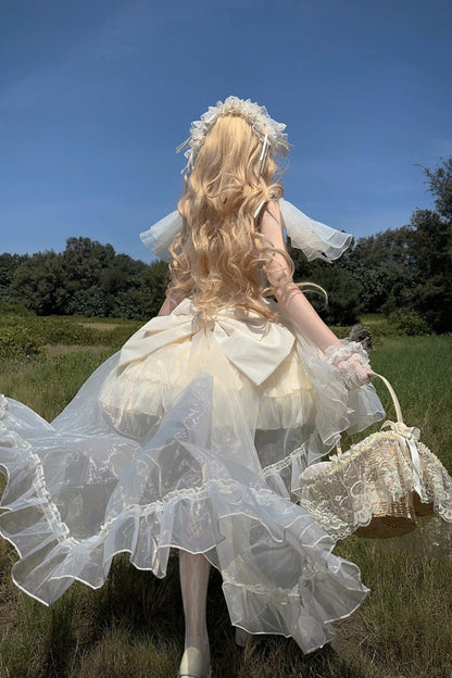 Apricot [Cream Cake] Sleeveless Multi-Layered Ruffle Bowknot Sweet Princess Lolita Jsk Dress Set