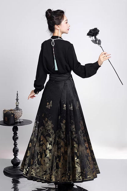 Black Long Sleeves High Waisted Printed Ruffled Foil-Stamped Gothic Hanfu Horse-face Skirt Set