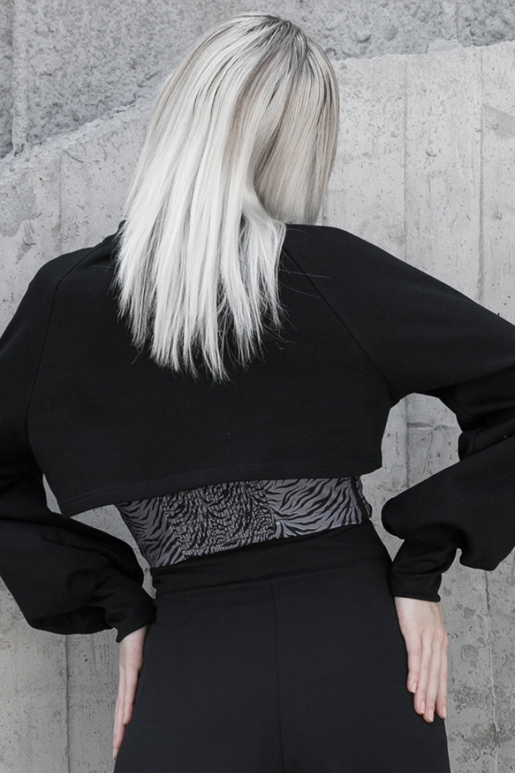 Black Metal Double Zipper Round Collar Long Sleeves Women's Gothic Coat