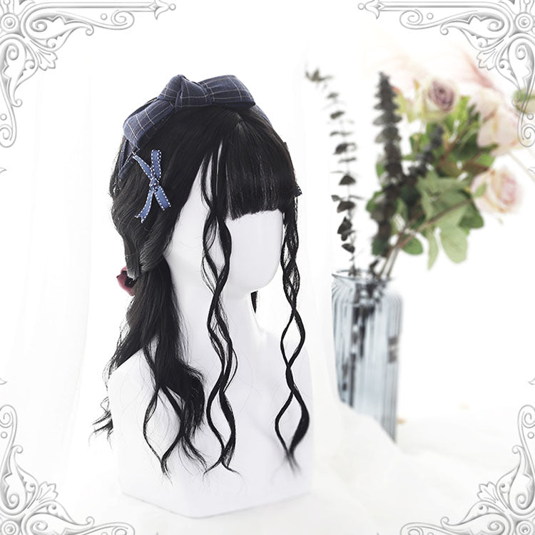 Black Air Bangs Long Hair Water Pattern Curly Classic Lolita Wigs