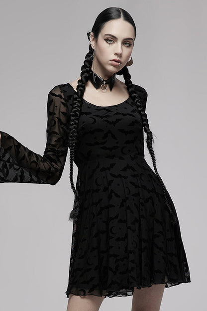 Black Minimalist Flared Sleeve Bat Moon Flocking Print Pattern Long Sleeves Punk Women's Dress