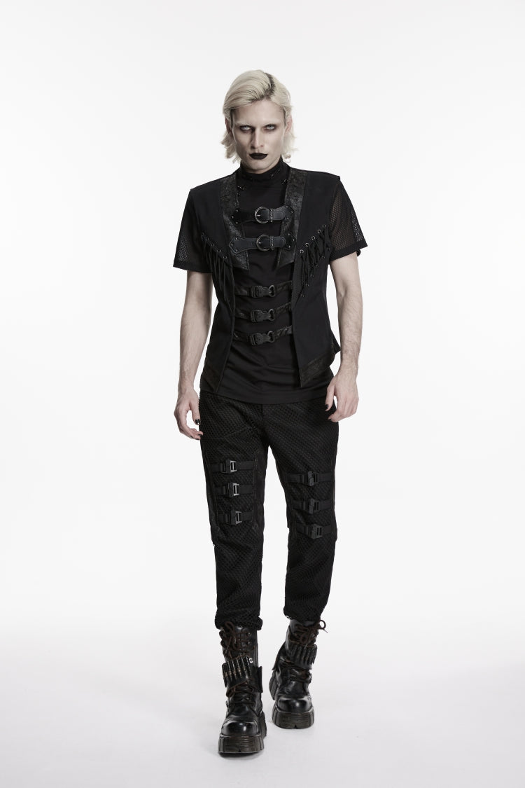 Black Cut-Out Lace-Up Slim Mesh Buckled Eyelet Men's Punk Handsome Vest
