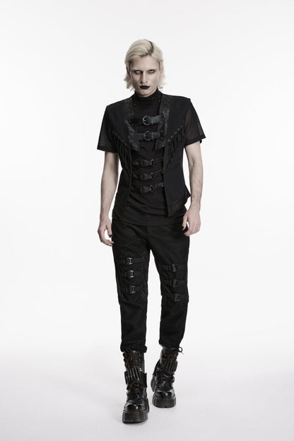Black Cut-Out Lace-Up Slim Mesh Buckled Eyelet Men's Punk Handsome Vest