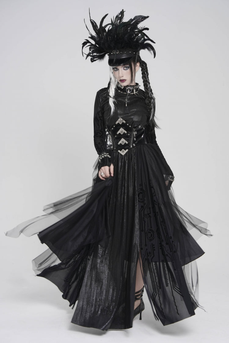 Black Multi-Layered Lace-Up Slim Irregular Asymmetric Eyelet Women's Gothic Long  Skirt