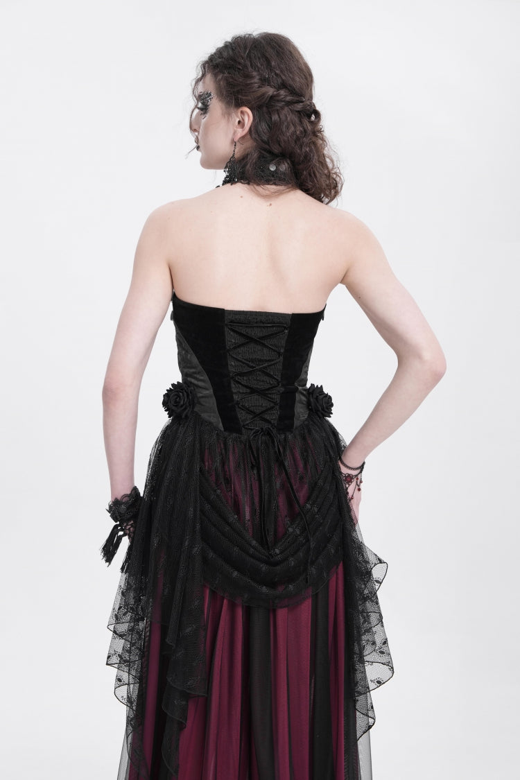 Black Halterneck Sleeveless Embroidery Stitching Rose Heart Lace Women's Gothic Blouse