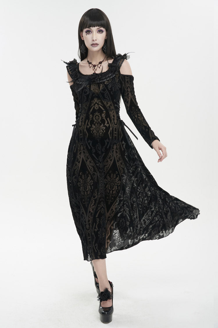 Black Off Shoulder Ruffled Flocked Print Long Women's Gothic Dress
