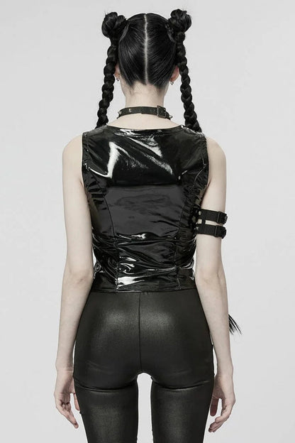 Black Patent Leather Hollow Slim Womens Steampunk Vest