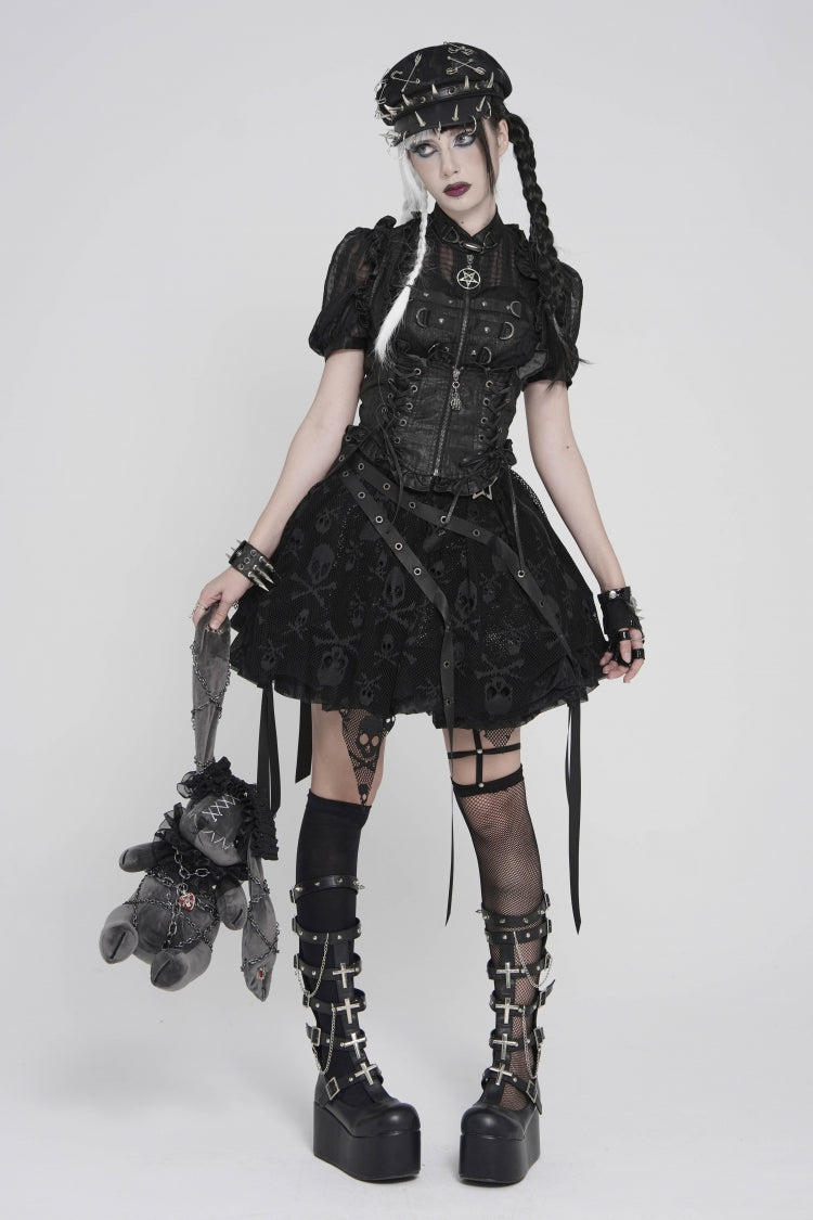 Black Double-Layered Lace Lace-Up Irregular Mesh Eyelet Women's Punk Skirt