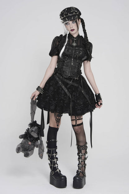 Black Double-Layered Lace Lace-Up Irregular Mesh Eyelet Women's Punk Skirt