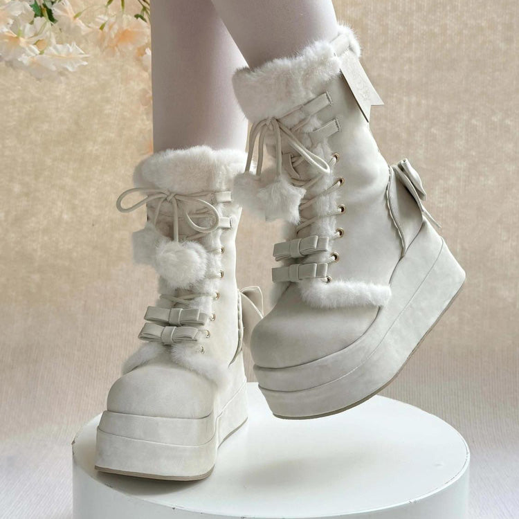 Beige Cute Platform Thick-Soled Bowknot Lace-Up Sweet Lolita Plush Boots