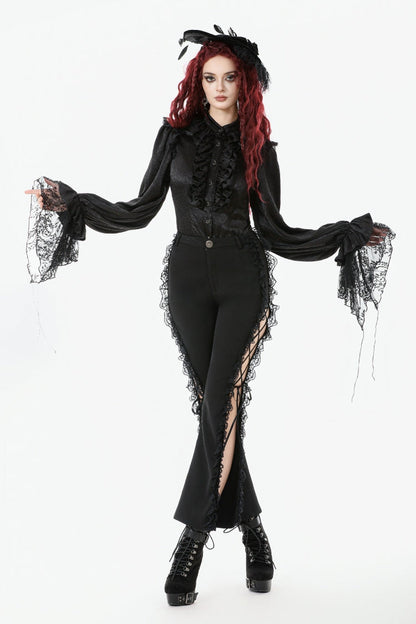 Black Long Lantern Sleeves Ruffled Spliced Lace Women's Gothic Blouse