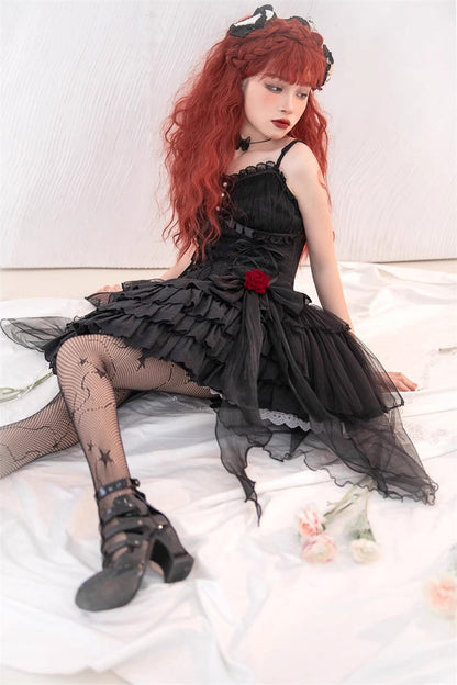 Black High Waisted Multi-layer Rose Bowknot Lace-Up Gothic Lolita Jsk Dress