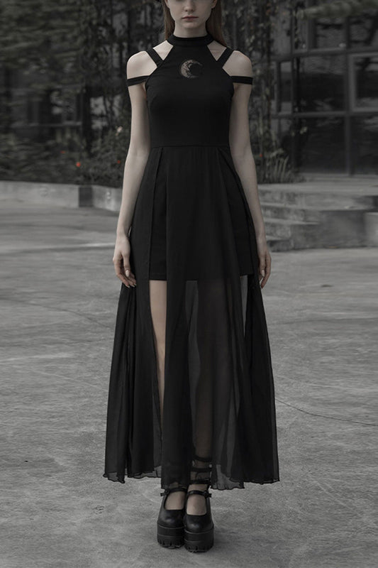 Black Lunar Printed Mesh Stitching Long Women's Gothic Dress