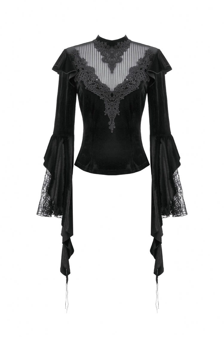 Black Multi-Layered Long Flare Sleeves Embroidered Sheer Mesh Splice Velvet Women's Gothic Top