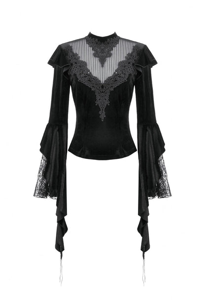 Black Multi-Layered Long Flare Sleeves Embroidered Sheer Mesh Splice Velvet Women's Gothic Top