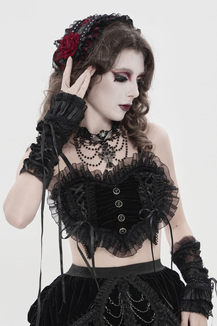 Black Off Shoulder Bow Lace Lace-Up Women's Gothic Ruffled Corset
