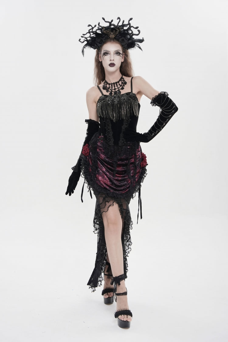 Black Lace-Up Women's Gothic Embroidered Tassels  Overbust Corset