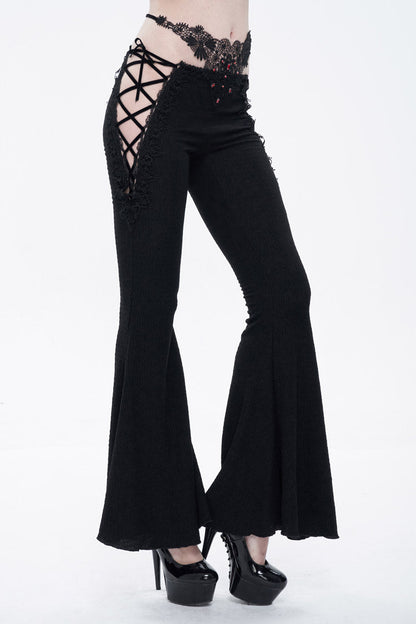 Black Low-Rise Lace Gem-Embellished Bilateral Lace-Up Cutout Flared Women's Gothic Pants