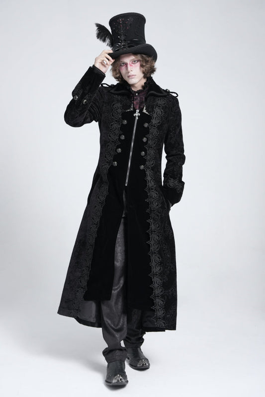 Black Lapel Collar Embroidery Zipper Men's Gothic Handsome Coat
