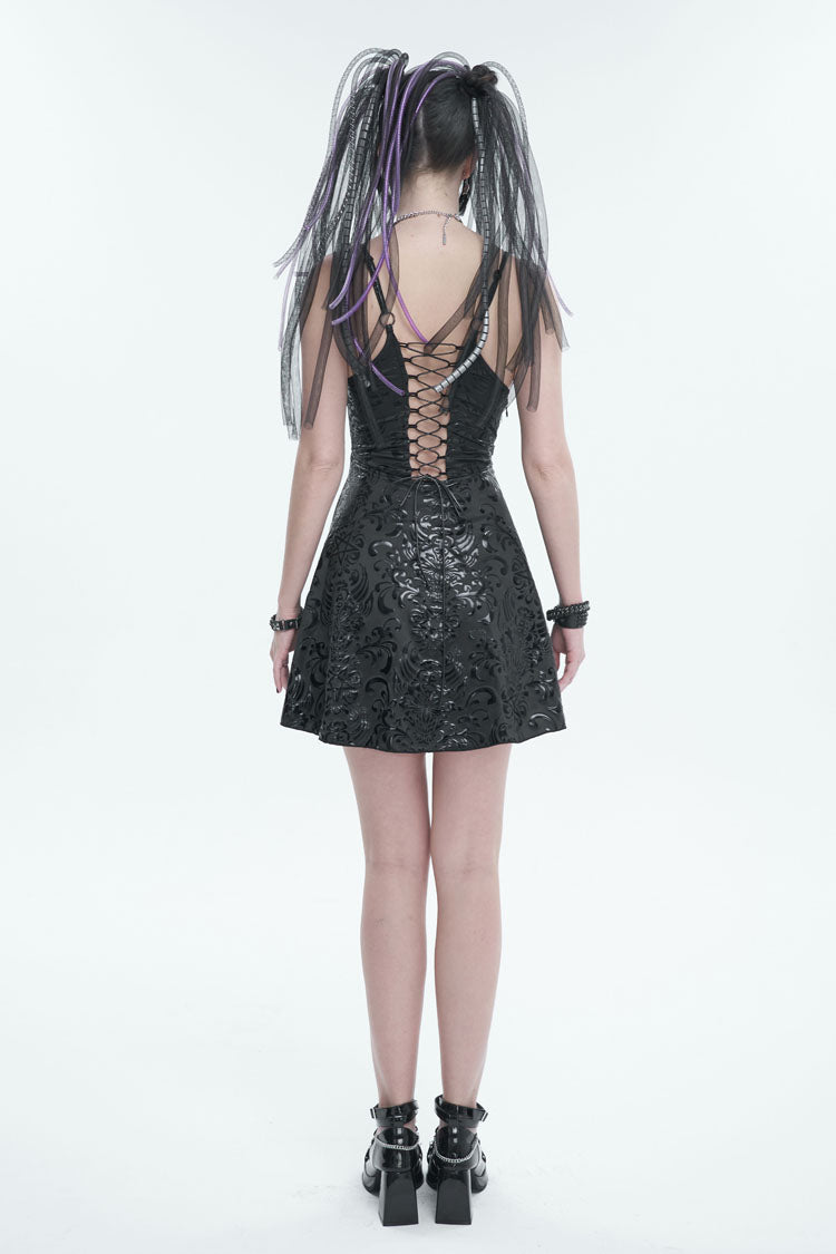 Black Pentagram Embossed Panel Mesh Rope Cutout Women's Gothic Dress