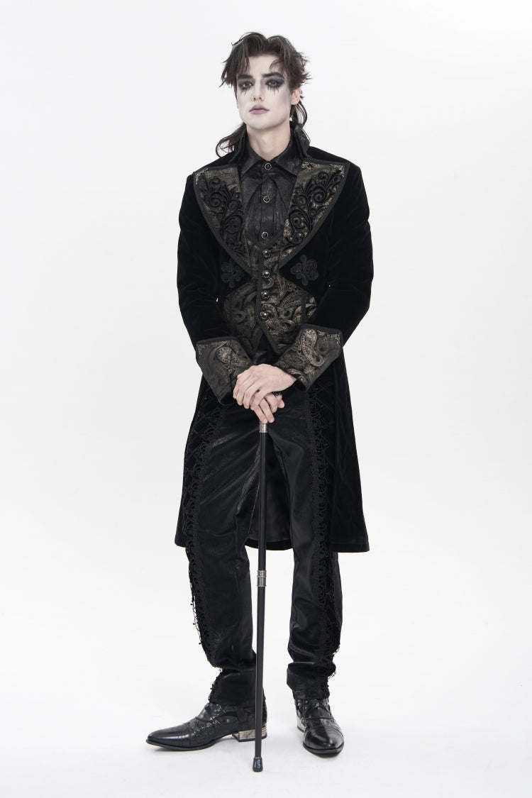 Black Lapel Collar Long Sleeves Jacquard Embroidered Slim Color-Blocked Men's Gothic Jacket