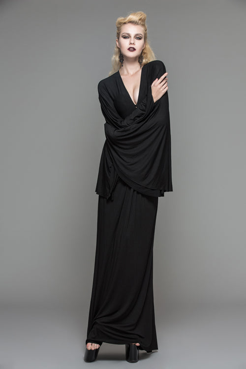 Black Frog Button Sexy Bat Sleeve Deep V Neck Gothic Womens Dress