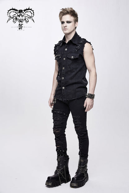 Black Faded Shoulder Bullet Clip Rivet Men's Punk Waistcoat