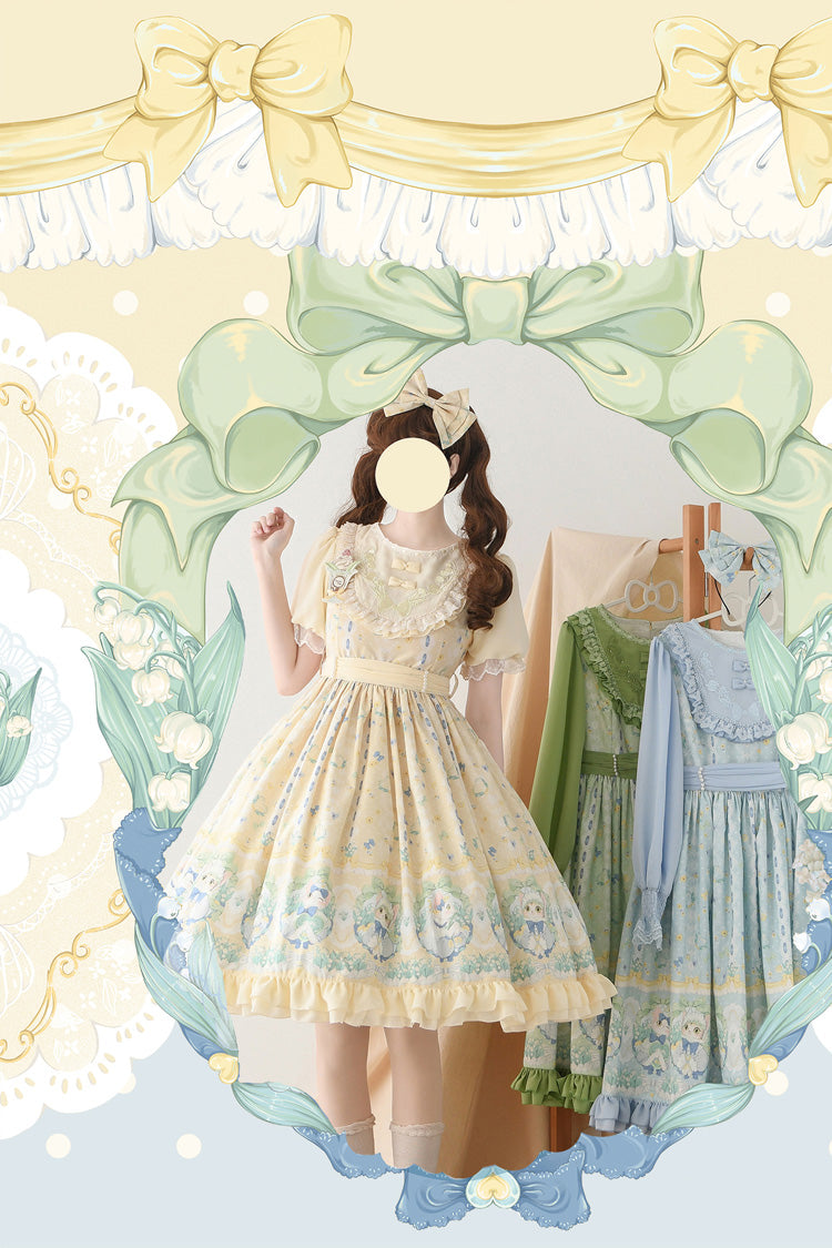 Beige [Lily of the Valley Cat] Print Ruffle Embroidery Bowknot Sweet Lolita Dress