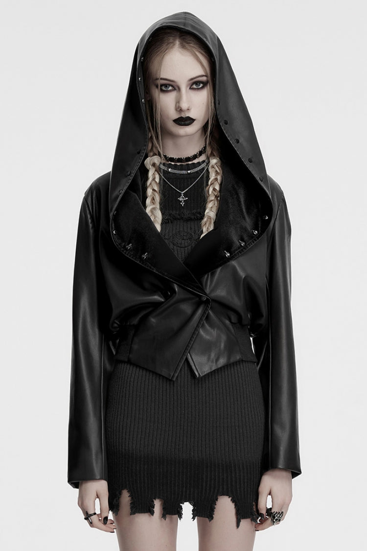 Black Long Sleeves Elastic Waist Faux Leather Hooded Women's Punk Jacket