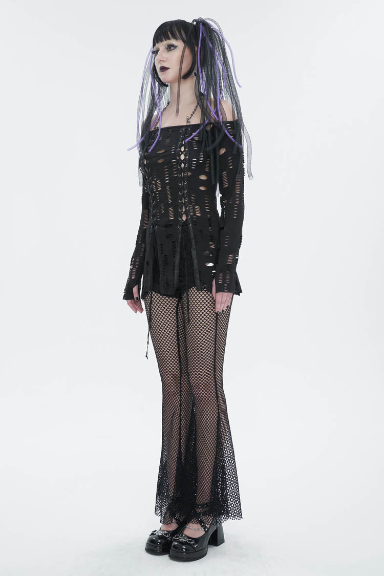 Black Elastic Ripped One Shoulder Rope Style Halter Neck Long Sleeves Women's Gothic T-Shirt
