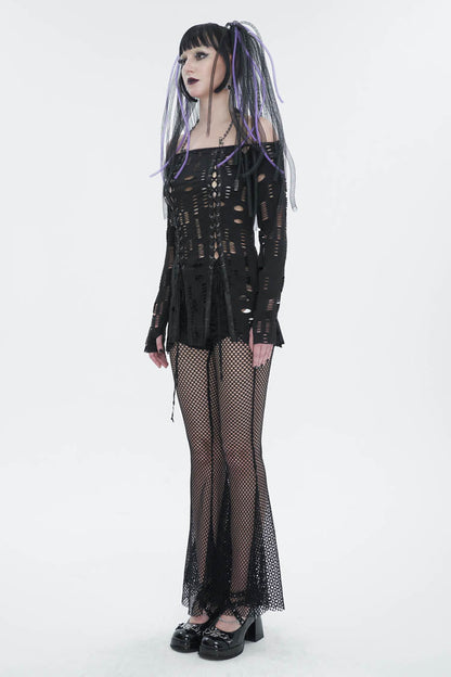 Black Elastic Ripped One Shoulder Rope Style Halter Neck Long Sleeves Women's Gothic T-Shirt