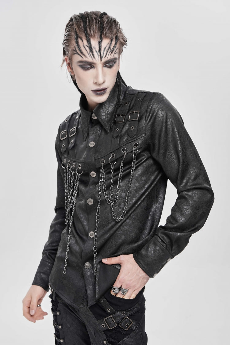Black Lapel Collar Long Sleeves Buckled Strappy Chain-Decorated Men's Punk Shirt