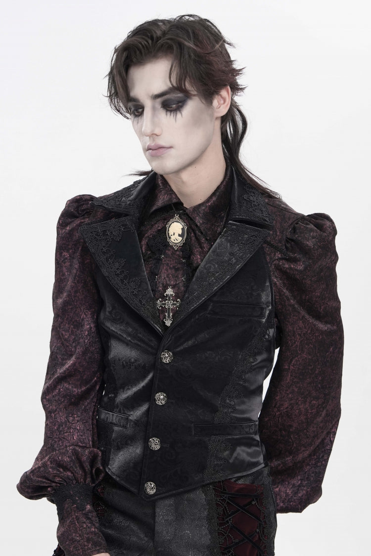 Black Lapel Collar Jacquard Lace Slim Men's Gothic Vest